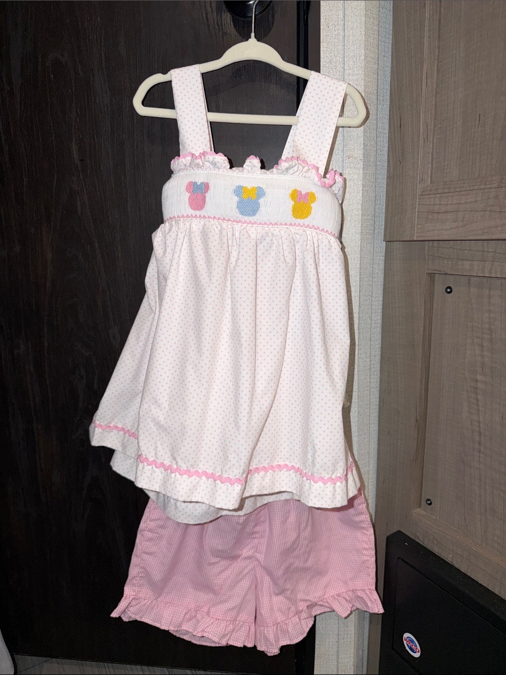 Girls Pink Smocked Tank & Shorts Set with Embroidered Mickey Motifs
